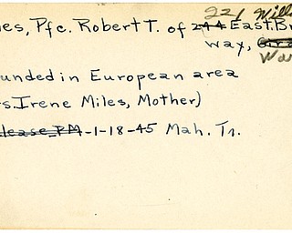 World War II, Vindicator, Robert T. Miles, Warren, wounded, Europe, 1945, Mahoning, Trumbull, Mrs. Irene Miles