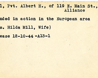 World War II, Vindicator, Albert H. Mill, Alliance, wounded, Europe, 1944, Mrs. Hilda Mill