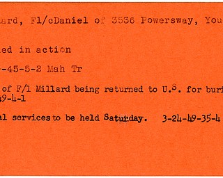 World War II, Vindicator, Daniel Millard, Youngstown, killed, 1945, body returned to U.S, burial, funeral, 1949, Mahoning, Trumbull