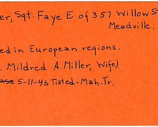 World War II, Vindicator, Faye E. Miller, Meadville, killed, Europe, 1945, Mahoning, Trumbull, Mrs. Mildred A. Miller