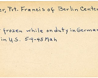 World War II, Vindicator, Francis Miller, Berlin Center, feet frozen, wounded, Germany, now in U.S., 1945, Mahoning