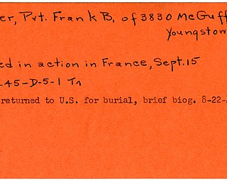 World War II, Vindicator, Frank B. Miller, Youngstown, killed, France, 1945, body returned to U.S., 1948, Trumbull