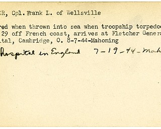 World War II, Vindicator, Frank L. Miller, Wellsville, injured, wounded, French Coast, France, Fletcher General Hospital, Cambridge, England, 1944, Mahoning