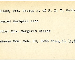 World War II, Vindicator, George A. Miller, Butler, wounded, Europe, 1945, Mahoning, Trumbull, Mrs. Margaret Miller