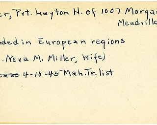 World War II, Vindicator, Layton H. Miller, Meadville, wounded, Europe, 1945, Mahoning, Trumbull, Mrs. Neva M. Miller