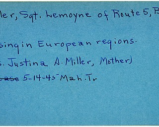 World War II, Vindicator, Lemoyne Miller, Butler, missing, Europe, 1945, Mahoning, Trumbull, Mrs. Justina A. Miller