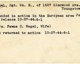 World War II, Vindicator, William E. Nagel, Youngstown, wounded, Europe, returned to action, 1944, Mrs. Fawna C. Nagel