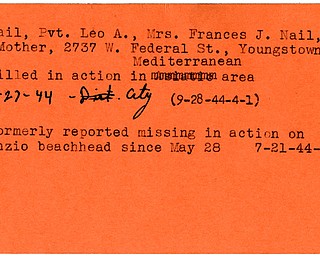 World War II, Vindicator, Leo A. Nail, Youngstown, missing, Anzio, killed, Mediterranean, 1944, City, Mrs. Frances J. Nail