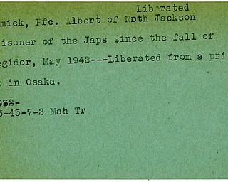 World War II, Vindicator, Albert Najmick, North Jackson, prisoner, Japs, Japan, Japanese, Corregidor, liberated, Osaka, 1945, Mahoning, Trumbull