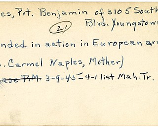 World War II, Vindicator, Benjamin Naples, Youngstown, wounded, Europe, 1945, Mahoning, Trumbull, Mrs. Carmel Naples