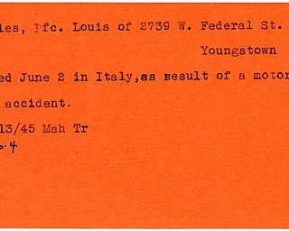 World War II, Vindicator, Louis Naples, Youngstown, died, Italy, motor vehicle accident, 1945, Mahoning, Trumbull