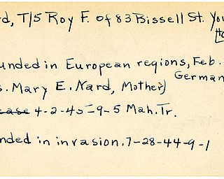 World War II, Vindicator, Roy F. Nard, Youngstown, wounded, Europe, Germany, 1944, 1945, Mrs. Mary E. Nard, Mahoning, Trumbull