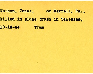 World War II, Vindicator, Jonas Nathan, Farrell, Pennsylvania, killed, plane crash, Tenessee, 1944, Trumbull