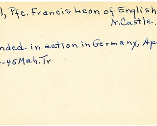 World War II, Vindicator, Francis Leon Neal, New Castle, wounded, Germany, 1945, Mahoning, Trumbull