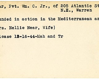 World War II, Vindicator, William C. Near Jr., Warren, wounded, Mediterranean, 1944, Mahoning, Trumbull, Mrs. Nellie Near
