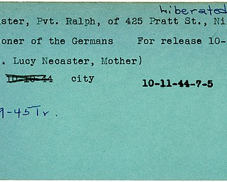 World War II, Vindicator, Ralph Necaster, Niles, prisoner, Germans, Germany 1944, 1945, liberated, Trumbull, Mrs. Lucy Necaster