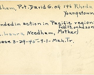 World War II, Vindicator, David G. Needham, Youngstown, wounded, Pacific, Luzon, 1945, Mahoning, Trumbull, Mrs. Laura Needham