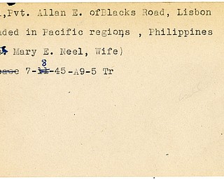 World War II, Vindicator, Allan E. Neel, Lisbon, wounded, Pacific, Philippines, 1945, Trumbull, Mrs. Mary E. Neel
