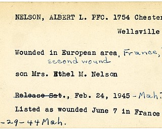 World War II, Vindicator, Albert L. Nelson, Wellsville, wounded, Europe, France, wounded second time, Mrs. Ethel M. Nelson, 1944, 1945, Mahoning, Trumbull