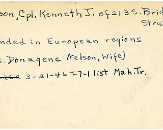 World War II, Vindicator, Kenneth J. Nelson, Struthers, wounded, Europe, 1945, Mahoning, Trumbull, Mrs. Donagene Nelson