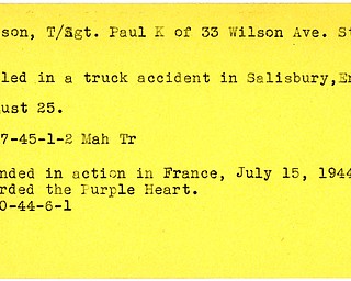 World War II, Vindicator, Paul K. Nelson, Struthers, wounded, France, Award, Purple Heart, 1944, killed, truck accident, Salisbury, England, 1945, Mahoning, Trumbull