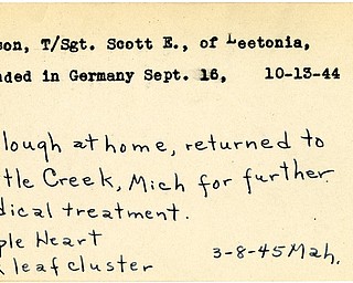 World War II, Vindicator, Scott E. Nelson, Leetonia, wounded, Germany, 1944, Mahoning, furlough, Battle Creek, Michigan, Purple Heart, Oak leaf cluster, 1945