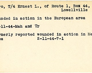 World War II, Vindicator, Ernest L. Nero, Lowellville, wounded, Europe, 1944, Mahoning, Trumbull, Mediterranean