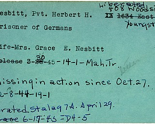 World War II, Vindicator, Herbert H. Nesbitt, Youngstown, missing, prisoner, Germans, Germany, liberated, Stalag 7A, 1944, 1945, Mrs. Grace E. Nesbitt, Mahoning, Trumbull