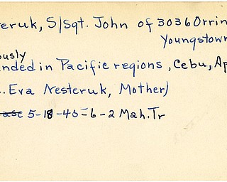 World War II, Vindicator, John Nesteruk, Youngstown, wounded, Pacific, Cebu, Mrs. Eva Nesteruk, 1945, Mahoning, Trumbull