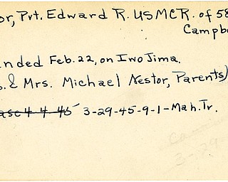 World War II, Vindicator, Edward R. Nestor, Campbell, wounded, Iwo Jima, Mr. & Mrs. Michael Nestor, 1945, Mahoning, Trumbull