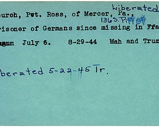 World War II, Vindicator, Ross Neuroh, Mercer, Pennsylvania, prisoner, Germans, Germany, missing, France, 1944, liberated, 1945, Trumbull, Mahoning