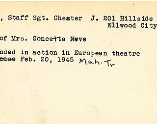 World War II, Vindicator, Chester J. Neve, Ellwood City, Mrs. Concetta Neve, wounded, Europe, European theatre, 1945, Mahoning, Trumbull