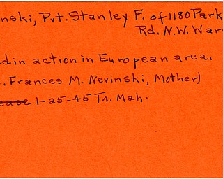 World War II, Vindicator, Stanley F. Nevinski, Warren, killed, Europe, Mrs. Frances M. Nevinski, 1945, Trumbull, Mahoning