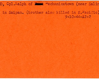 World War II, Vindicator, Ralph Newbold, Mechanicstown, Salineville, killed, Saipan, brother killed in South Pacific, 1944