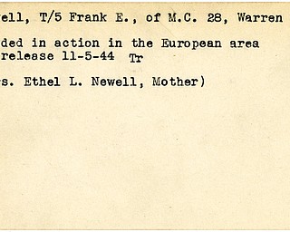 World War II, Vindicator, Frank E. Newell, Warren, wounded, Europe, 1944, Trumbull, Mrs. Ethel L. Newell