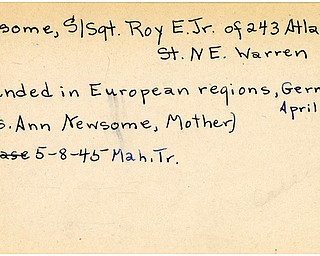 World War II, Vindicator, Roy E. Newsome Jr., Warren, wounded, Europe, Germany, Mrs. Ann Newsome, 1945, Mahoning, Trumbull