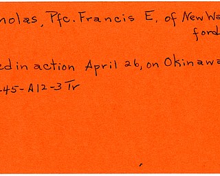 World War II, Vindicator, Francis E. Nicholas, New Waterford, killed, Okinawa, 1945, Trumbull
