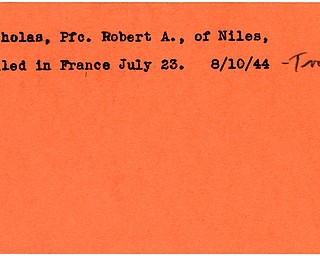 World War II, Vindicator, Robert A. Nicholas, Niles, killed, France, 1944, Trumbull