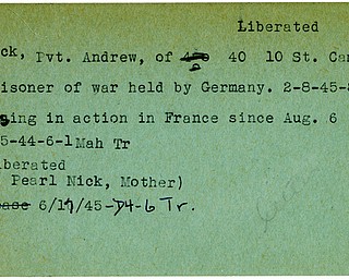 World War II, Vindicator, Andrew Nick, Campbell, missing, France, 1944, prisoner, Germany, liberated, 1945, Mahoning, Trumbull, Mrs. Pearl Nick