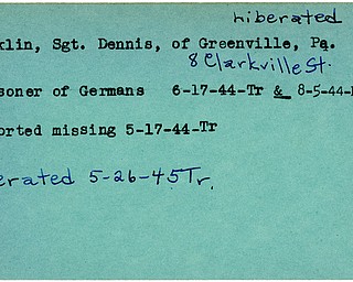 World War II, Vindicator, Dennis Nicklin, Greenville, Pennsylvania, missing, prisoner, Germans, Germany, 1944, liberated, 1945, Trumbull, Mahoning