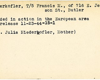 World War II, Vindicator, Francis M. Niederkofler, Butler, wounded, Europe, 1944, Mrs. Julia Niederkofler