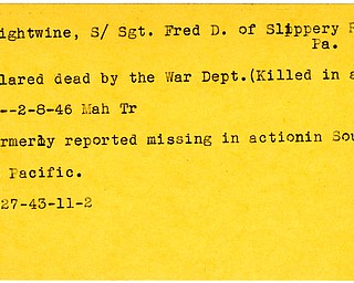 World War II, Vindicator, Fred D. Nightwine, Slippery Rock, Pennsylvania, missing, Southwest Pacific, declared dead, killed, 1943, 1946, Mahoning, Trumbull