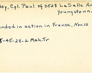 World War II, Vindicator, Paul Nissley, Youngstown, wounded, France, 1945, Mahoning, Trumbull