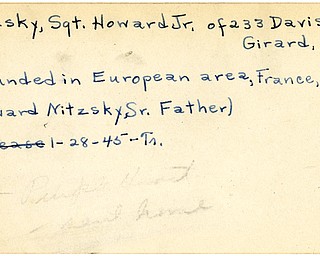 World War II, Vindicator, Howard Nitzsky Jr., Girard, wounded, Europe, France, 1945, Trumbull, Howard Nitzsky Sr.