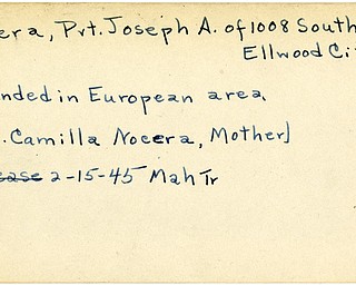 World War II, Vindicator, Joseph A. Nocera, Ellwood City, wounded, Europe, 1945, Mahoning, Trumbull, Mrs. Camilla Nocera