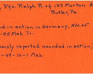 World War II, Vindicator, Ralph R. Noel, Butler, Pennsylvania, wounded, 1944, killed, Germany, 1945, Mahoning, Trumbull