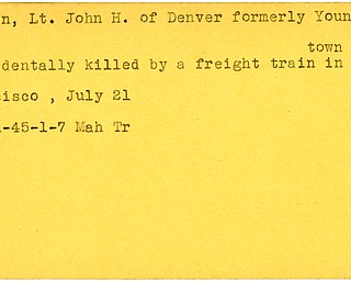 World War II, Vindicator, John H. Nollen, Denver, Youngstown, killed, accidentally killed by freight train, San Francisco, 1945, Mahoning, Trumbull