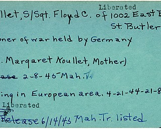 World War II, Vindicator, Floyd C. Noullet, Butler, prisoner, Germany, Mrs. Margaret Noullet, 1945, missing, Europe, 1944, liberated, Mahoning, Trumbull