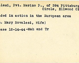 World War II, Vindicator, Merino P. Novalesi, Ellwood City, wounded, Europe, Mrs. Mary Novalesi, 1944, Mahoning, Trumbull