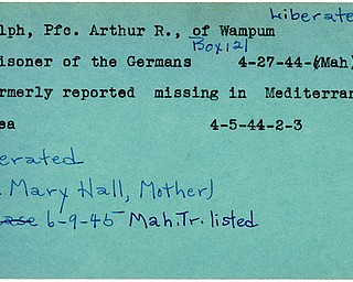 World War II, Vindicator, Arthur R. Nulph, Wampum, missing, Mediterranean, prisoner, Germans, Germany, liberated, Mrs. Mary Hall, 1945, Mahoning, Trumbull, 1945